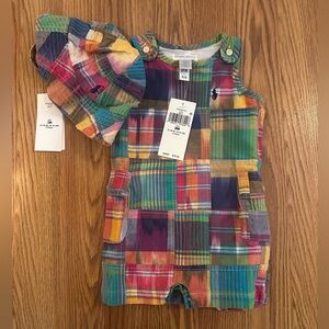 Polo Ralph Lauren Baby Boy Cotton Madras Overall and Hat Set, Size 3M